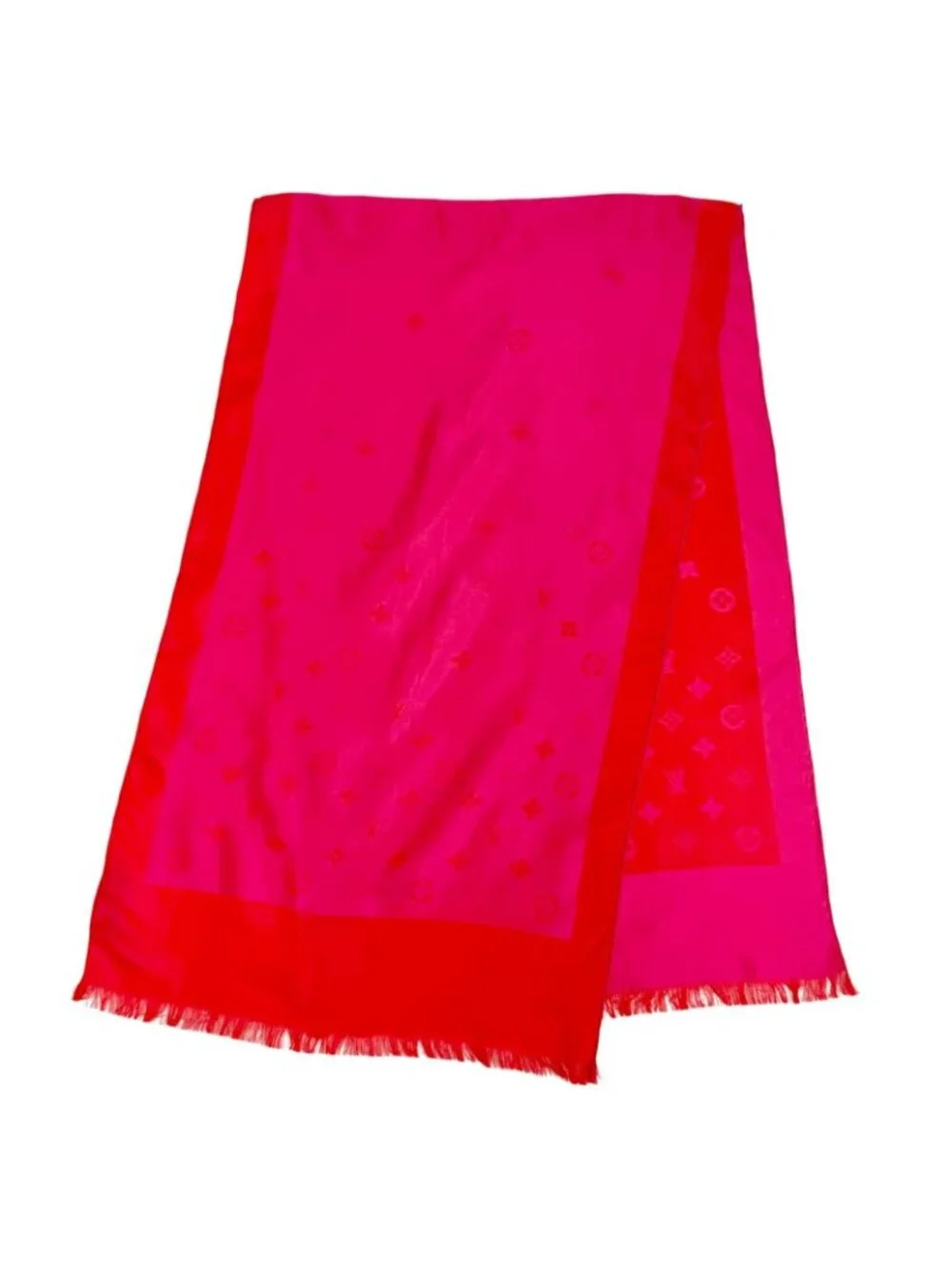 Louis Vuitton Echarpe Capri Silk 100% Monogram Mini Fringe Shawl Scarf Pink